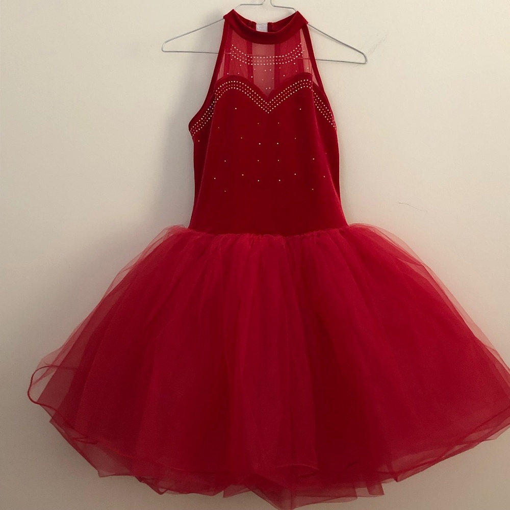 Spectacular red velvet tulle halter dress xl girls dance costume party CXL